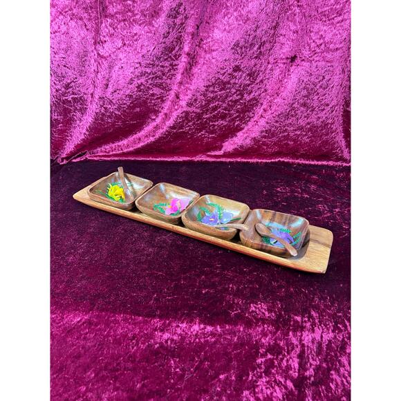 Vintage Kitchen Bar Decor - Tiki Teakwood Snack Tray with Sauce Bowls and Spoons - Picture 1 of 6